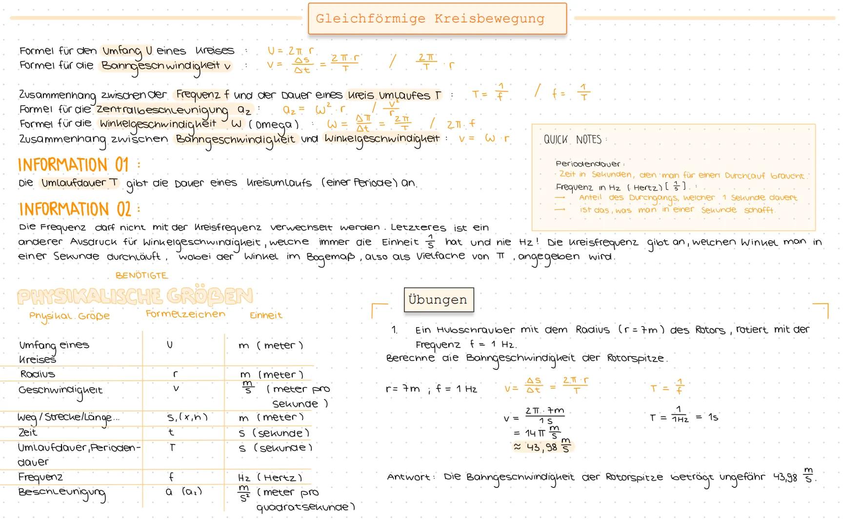 Gleichförmige Kreisbewegung

Formel für den Umfang U eines kreises: $U = 2\pi. \Gamma.$
Formel für die Banngeschwindigkeit v $V= \frac{\Delt