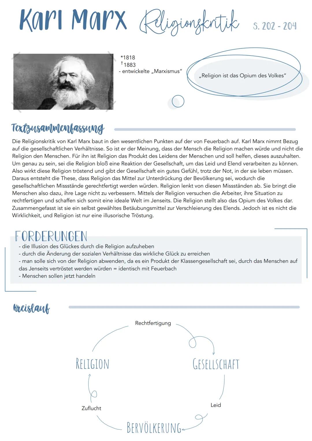 Karl Marx Religionsfintik
Kreislauf
*1818
†1883
- entwickelte ,,Marxismus"
Textzusammenfassung
Die Religionskritik von Karl Marx baut in den