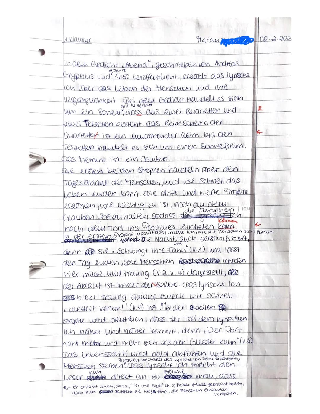 Name:
Manam
Textinterpretation: Andreas Gryphius: Abend (1650)
Einleitung und Überleitung zum Hauptteil
Einleitungssätze: Textsorte, Autor, 
