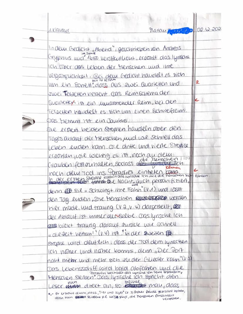 Name:
Manam
Textinterpretation: Andreas Gryphius: Abend (1650)
Einleitung und Überleitung zum Hauptteil
Einleitungssätze: Textsorte, Autor, 