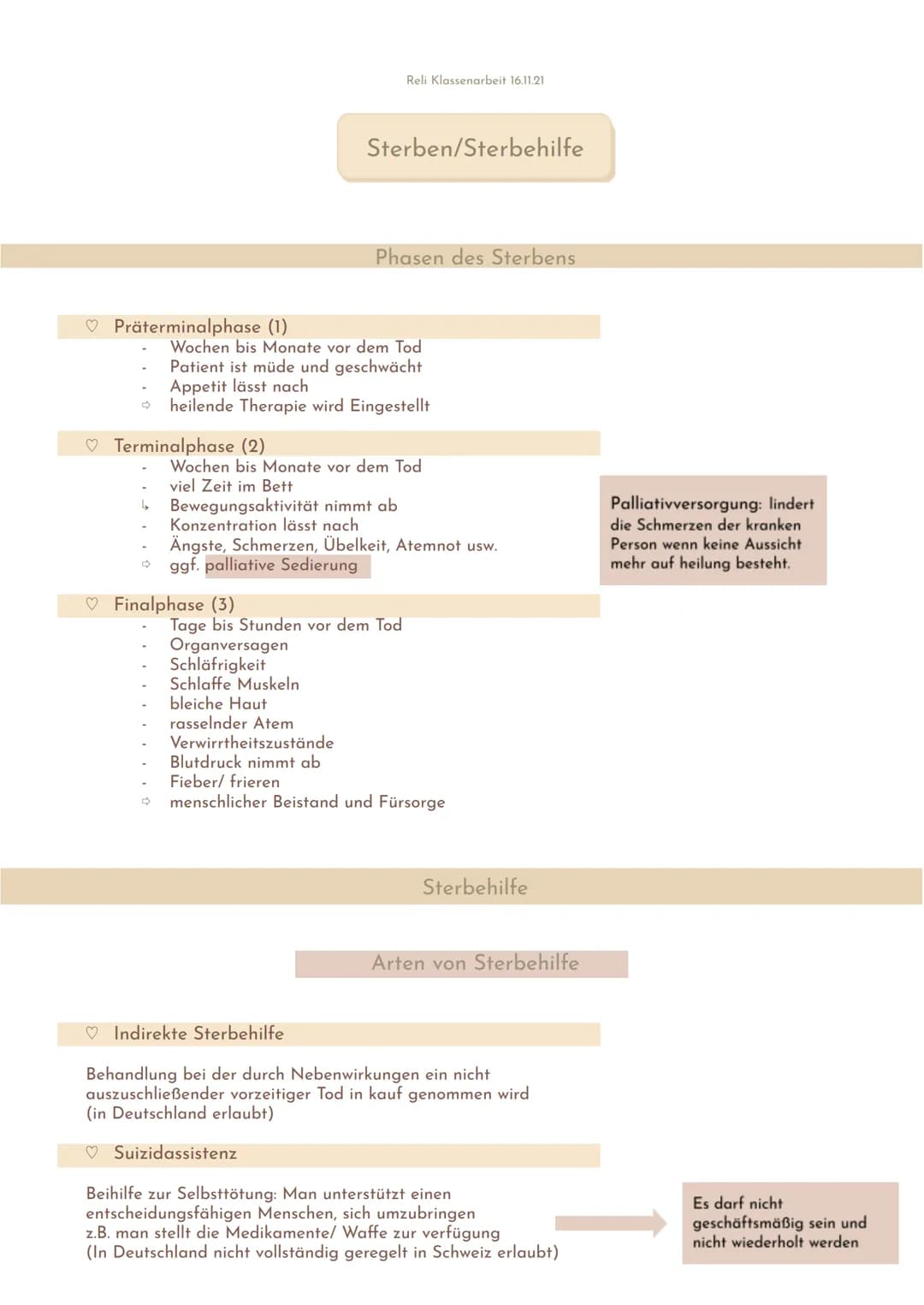 Präterminalphase (1)
➡
Terminalphase (2)
Reli Klassenarbeit 16.11.21
Sterben/Sterbehilfe
Wochen bis Monate vor dem Tod
Patient ist müde und 