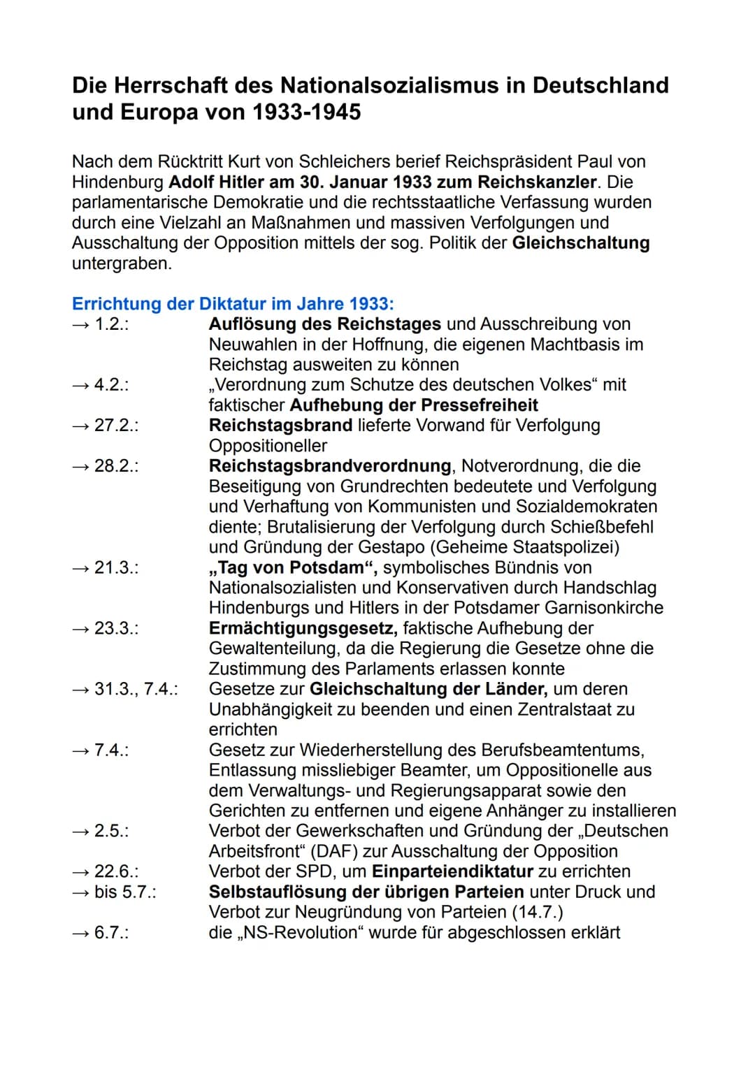 Die Herrschaft des Nationalsozialismus in Deutschland
und Europa von 1933-1945
Nach dem Rücktritt Kurt von Schleichers berief Reichspräsiden