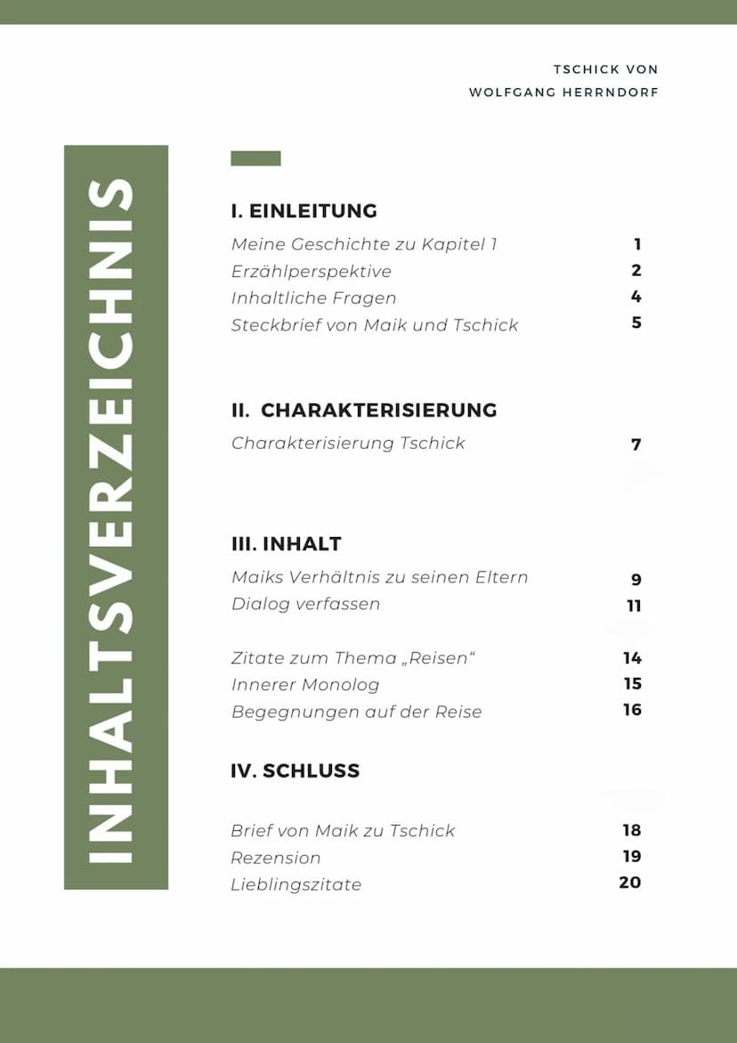 tschick
A
WOLFGANG HERRNDORF INHALTSVERZEICHNIS
I. EINLEITUNG
Meine Geschichte zu Kapitel 1
Erzählperspektive
Inhaltliche Fragen
Steckbrief 