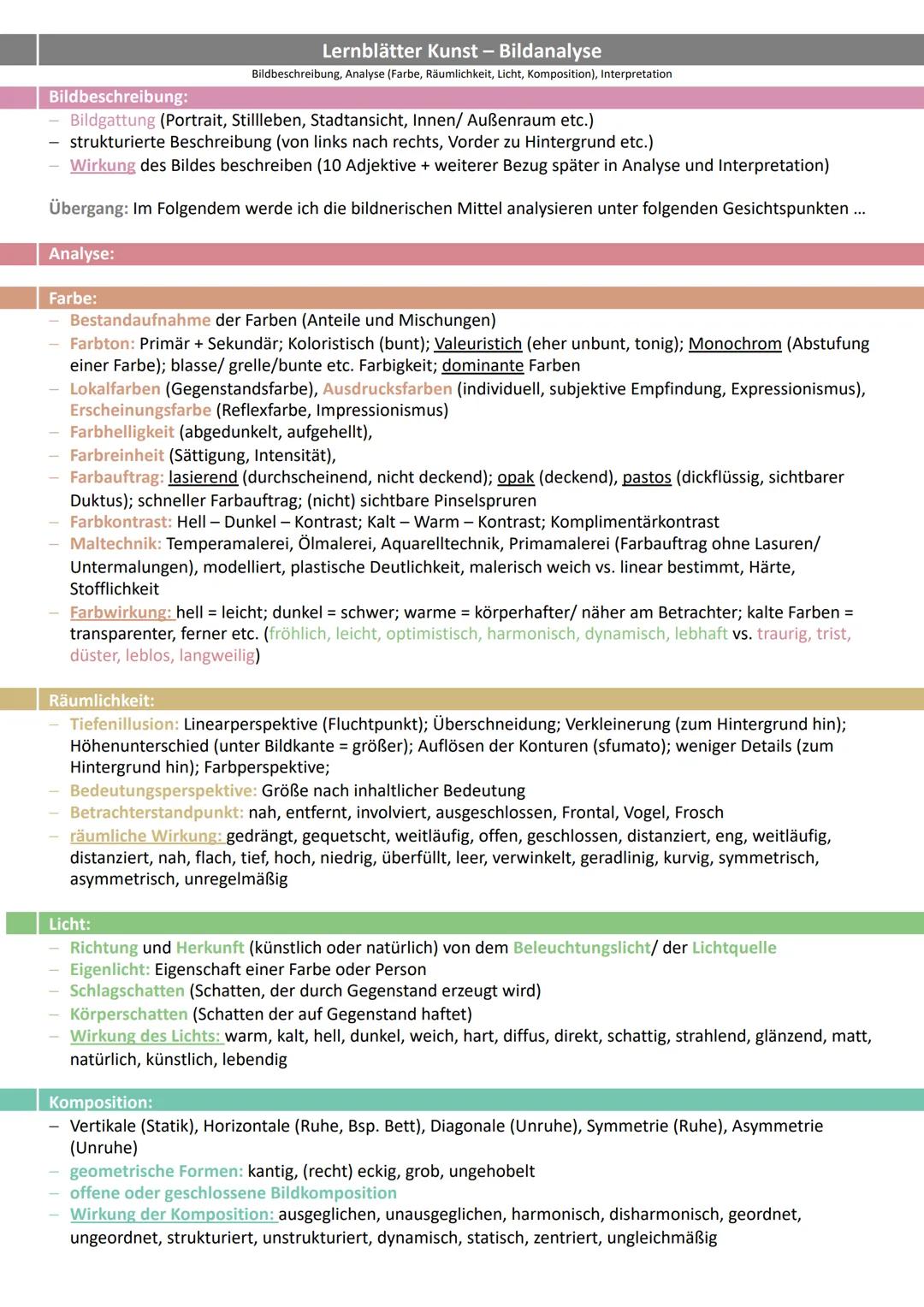 Lernblätter Kunst - Bildanalyse
Bildbeschreibung, Analyse (Farbe, Räumlichkeit, Licht, Komposition), Interpretation
Bildbeschreibung:
Bildga