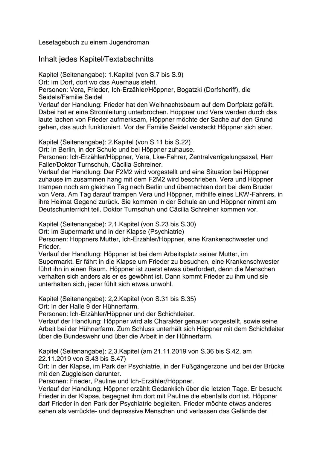 Lesetagebuch zu einem Jugendroman
Inhalt jedes Kapitel/Textabschnitts
Kapitel (Seitenangabe): 1.Kapitel (von S.7 bis S.9)
Ort: Im Dorf, dort