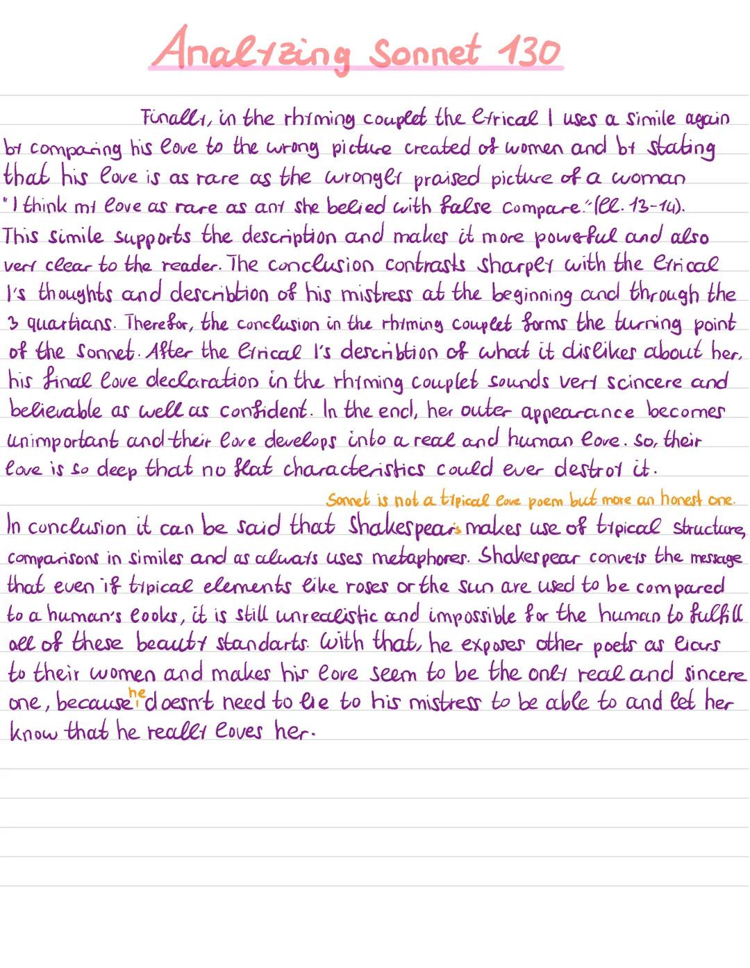 Analyzing Sonnet 130
In William Shakespear's Sonnet 130 the lírical I talks about his
mistress while comparing her to nature.
In the first q
