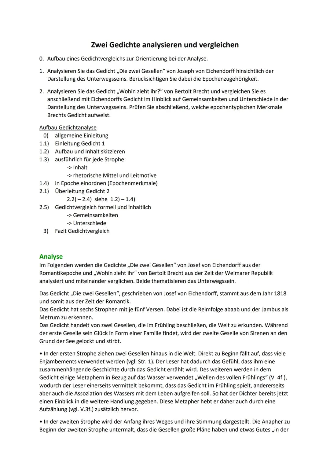 Analyse und Vergleich von Gedichten - Beispiel