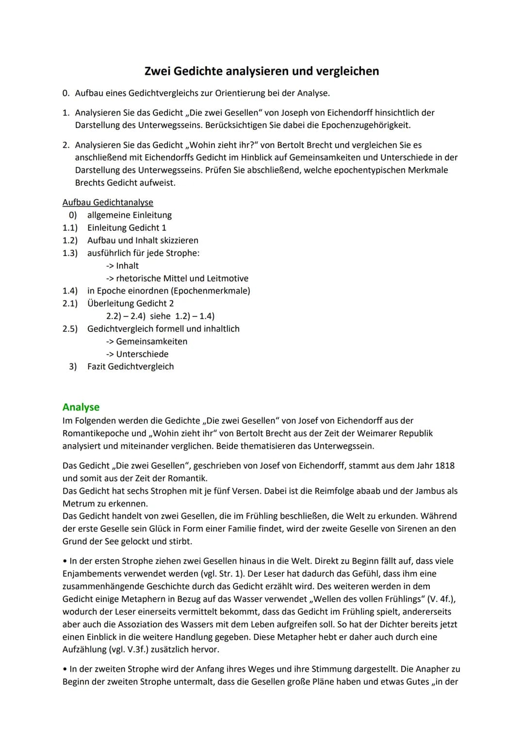 Zwei Gedichte analysieren und vergleichen
0. Aufbau eines Gedichtvergleichs zur Orientierung bei der Analyse.
1. Analysieren Sie das Gedicht