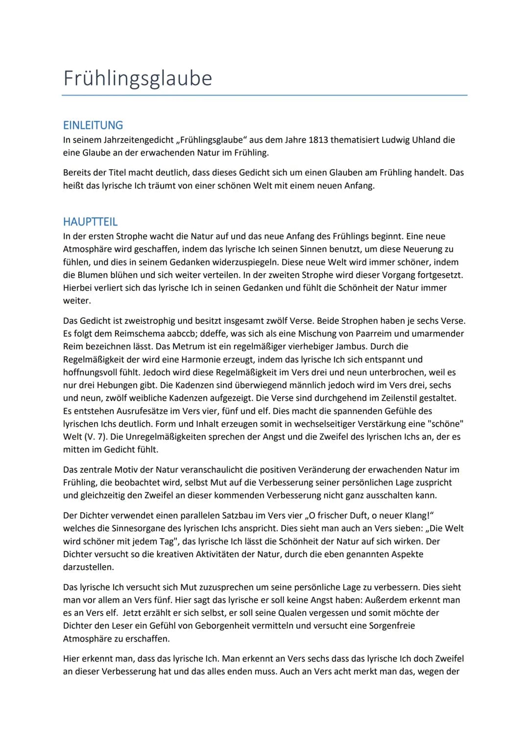 Frühlingsglaube
EINLEITUNG
In seinem Jahrzeitengedicht ,,Frühlingsglaube" aus dem Jahre 1813 thematisiert Ludwig Uhland die
eine Glaube an d