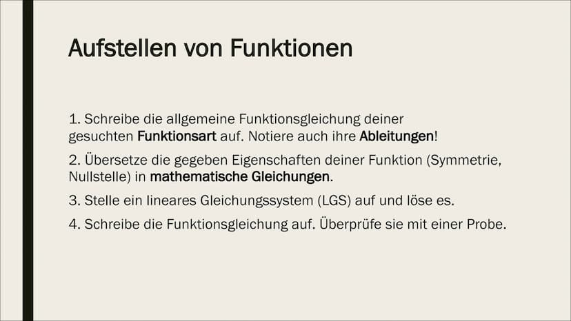STECKBRIEFAUFGABEN Aufstellen von Funktionen
1. Schreibe die allgemeine Funktionsgleichung deiner
gesuchten Funktionsart auf. Notiere auch i