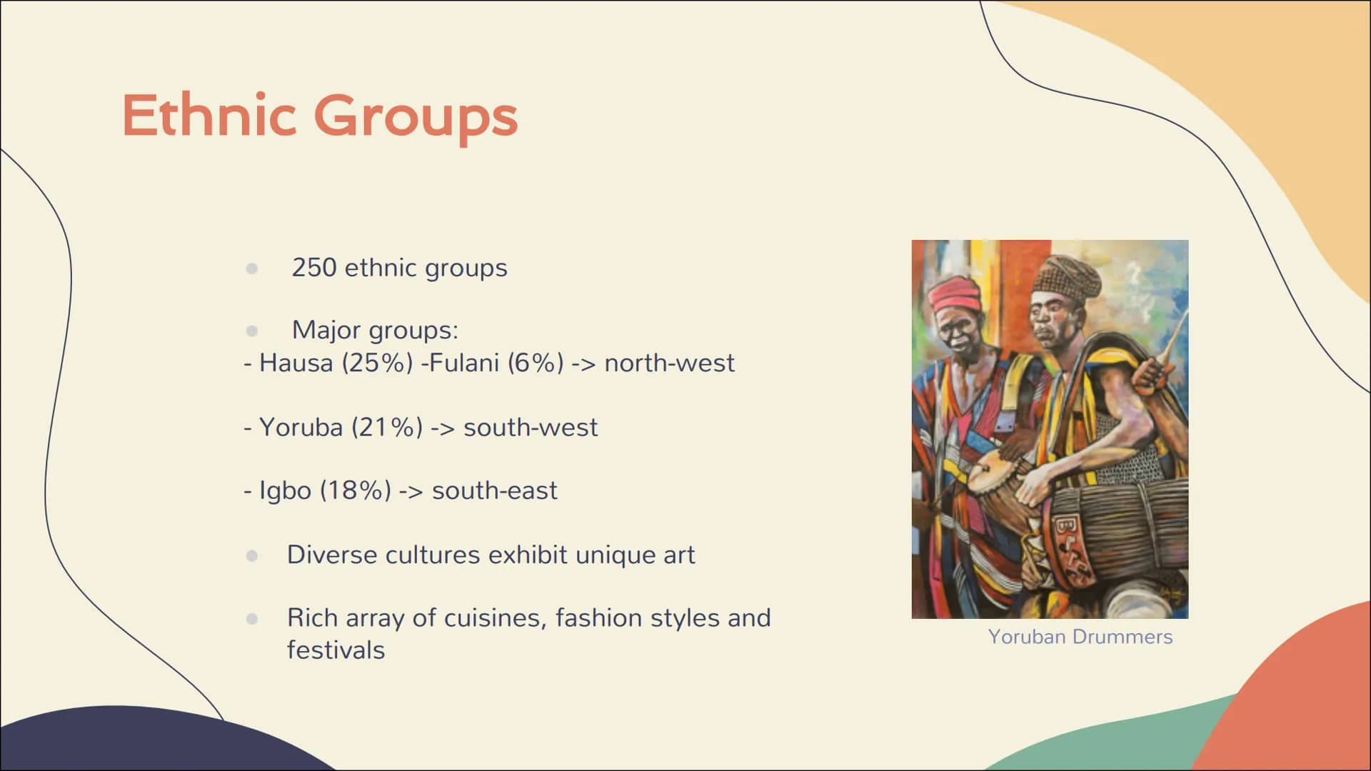 Nigeria Table of content
1. General information
- Geography
- The Flag
- Coat of arms
2. History
-pre/during/post colonialism
3. Culture
Eth
