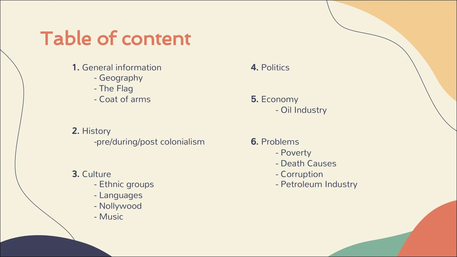 Nigeria Table of content
1. General information
- Geography
- The Flag
- Coat of arms
2. History
-pre/during/post colonialism
3. Culture
Eth