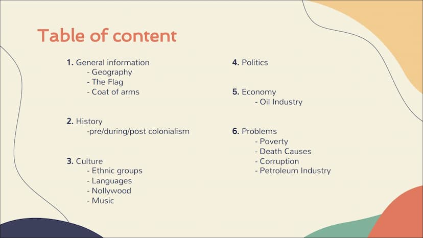 Nigeria Table of content
1. General information
- Geography
- The Flag
- Coat of arms
2. History
-pre/during/post colonialism
3. Culture
Eth