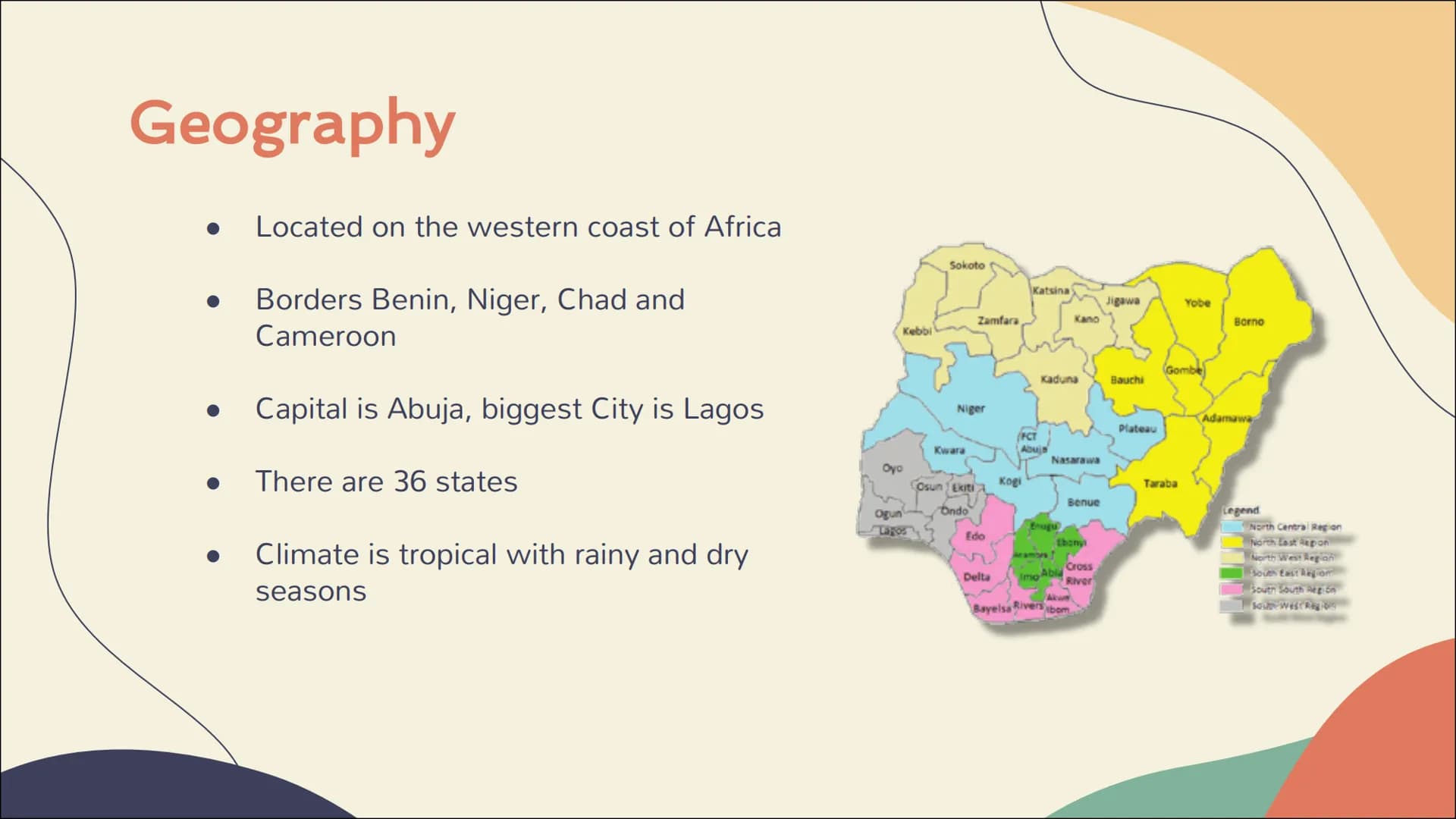 Nigeria Table of content
1. General information
- Geography
- The Flag
- Coat of arms
2. History
-pre/during/post colonialism
3. Culture
Eth
