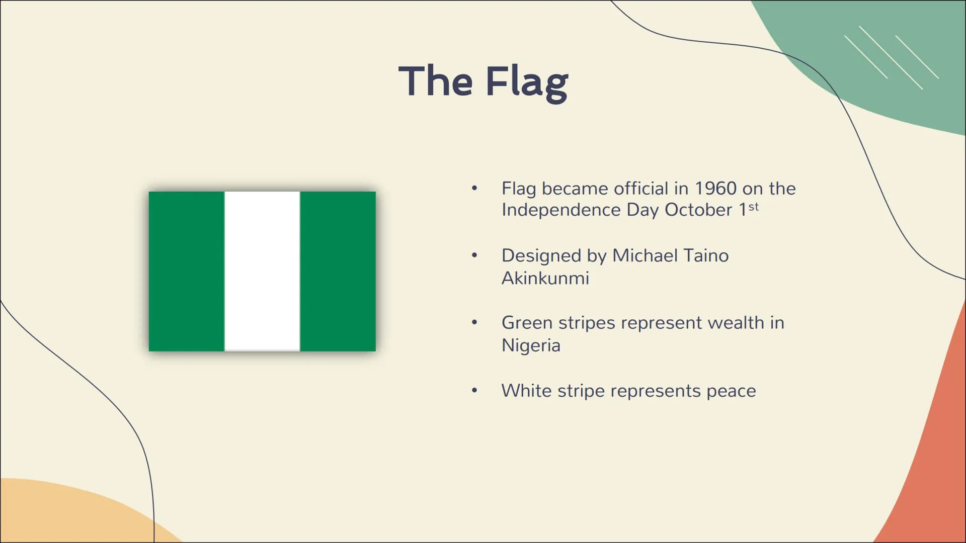 Nigeria Table of content
1. General information
- Geography
- The Flag
- Coat of arms
2. History
-pre/during/post colonialism
3. Culture
Eth
