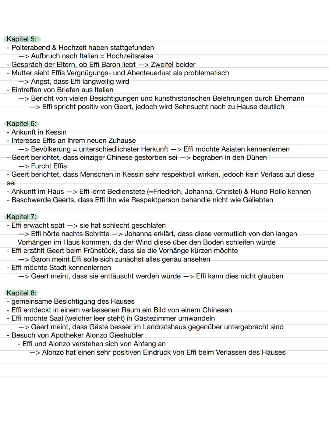 "Effi Briest" - Theodor Fontane
Inhaltsangabe der einzelnen Kapitel
Kapitel 1:
- Beschreibung des Herrenhauses der Familie Briest
- Effi und