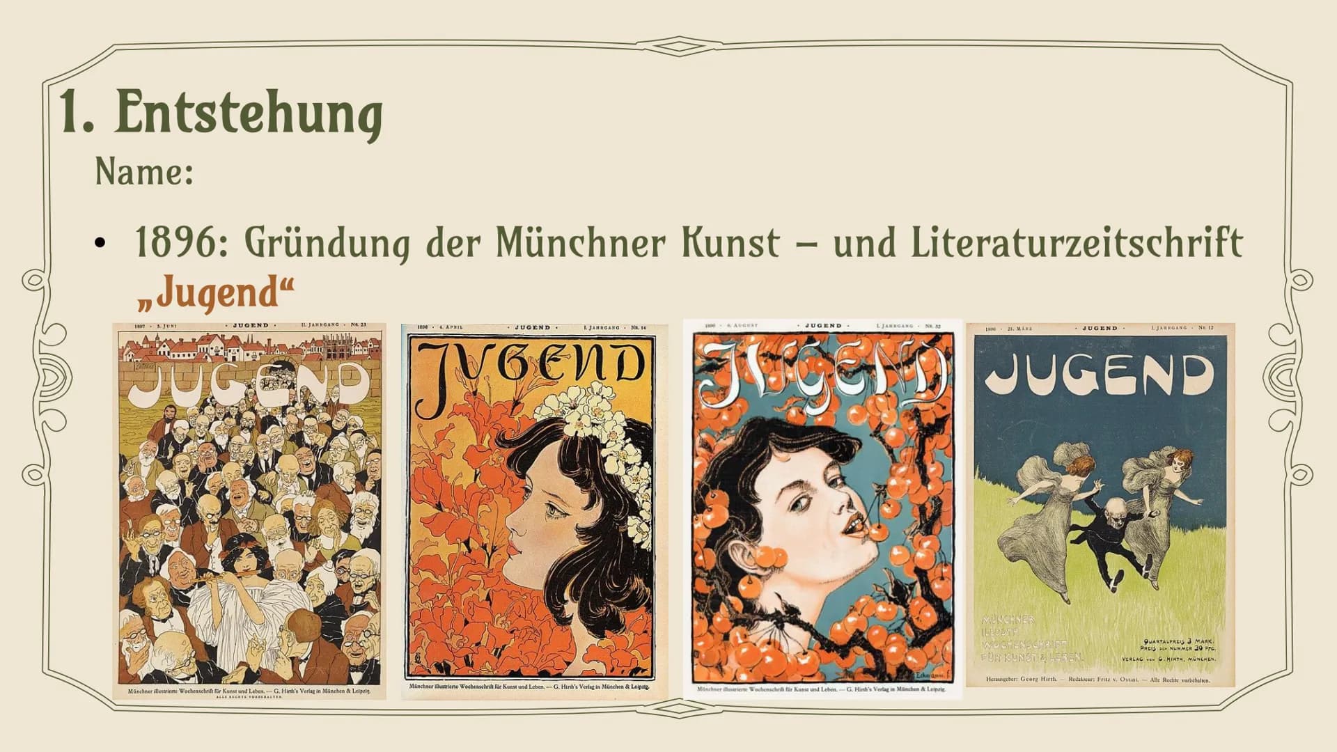 JUGENDSTIL
ART NOUVEAU
Trang Le Thi Minh 12b Kunst 2
2 Gliederung
1. Entstehung
2. Merkmale
3. Architektur
4. Handwerk
5. Mode,Edwardian“
6.