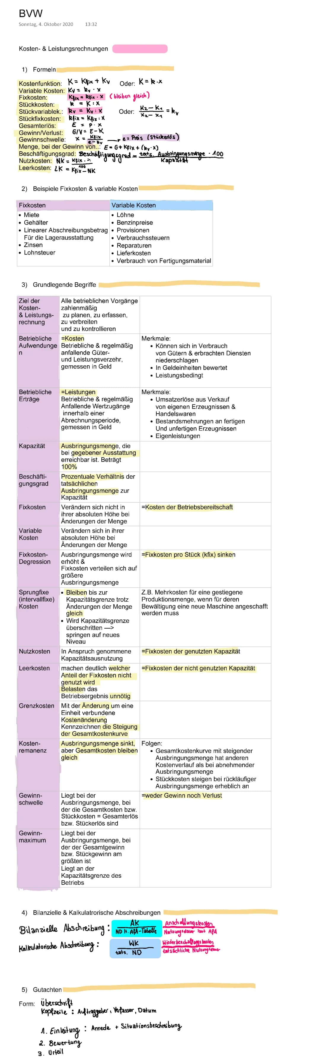 Kosten- und Leistungsrechnung Formeln und Beispiele - PDF