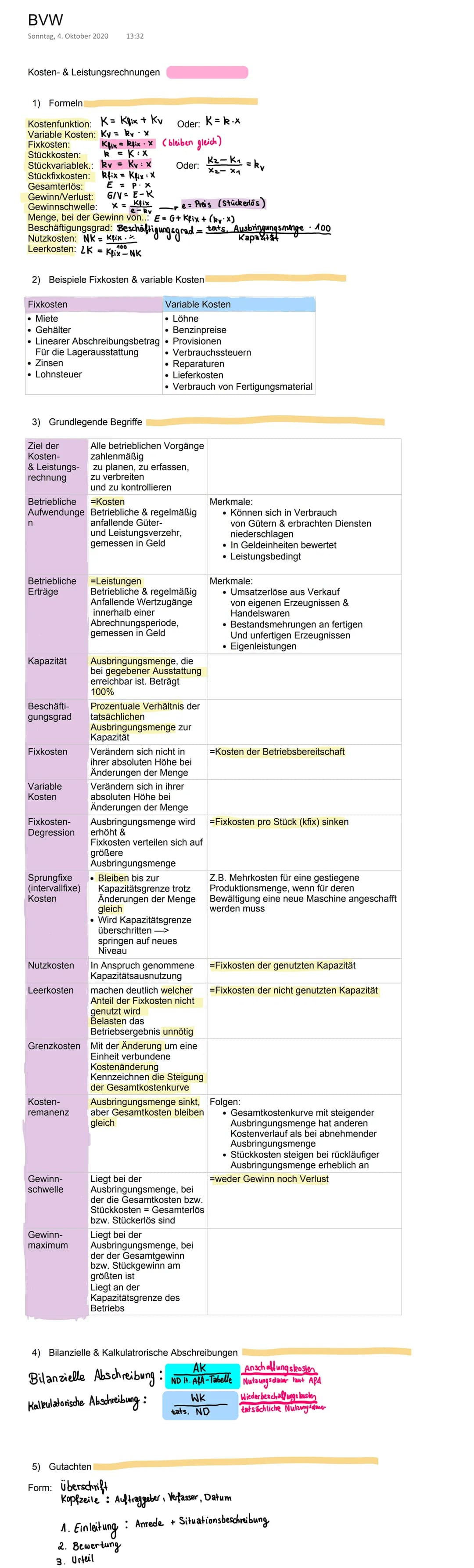 BVW
Sonntag, 4. Oktober 2020
Kosten- & Leistungsrechnungen
1) Formeln
Kostenfunktion: K= Kfix + Kv
Variable Kosten: Ky = kv x
Fixkosten:
Kfi