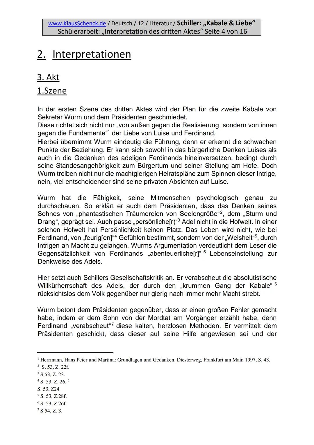 www.KlausSchenck.de / Deutsch / 12 / Literatur / Schiller: ,,Kabale & Liebe"
Schülerarbeit: ,,Interpretation des dritten Aktes" Seite 3 von 