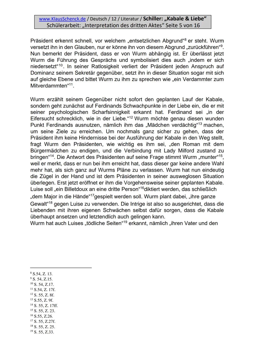 www.KlausSchenck.de / Deutsch / 12 / Literatur / Schiller: ,,Kabale & Liebe"
Schülerarbeit: ,,Interpretation des dritten Aktes" Seite 3 von 