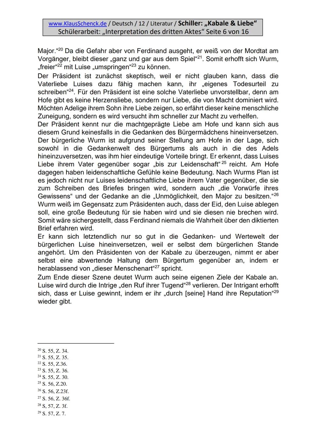 www.KlausSchenck.de / Deutsch / 12 / Literatur / Schiller: ,,Kabale & Liebe"
Schülerarbeit: ,,Interpretation des dritten Aktes" Seite 3 von 