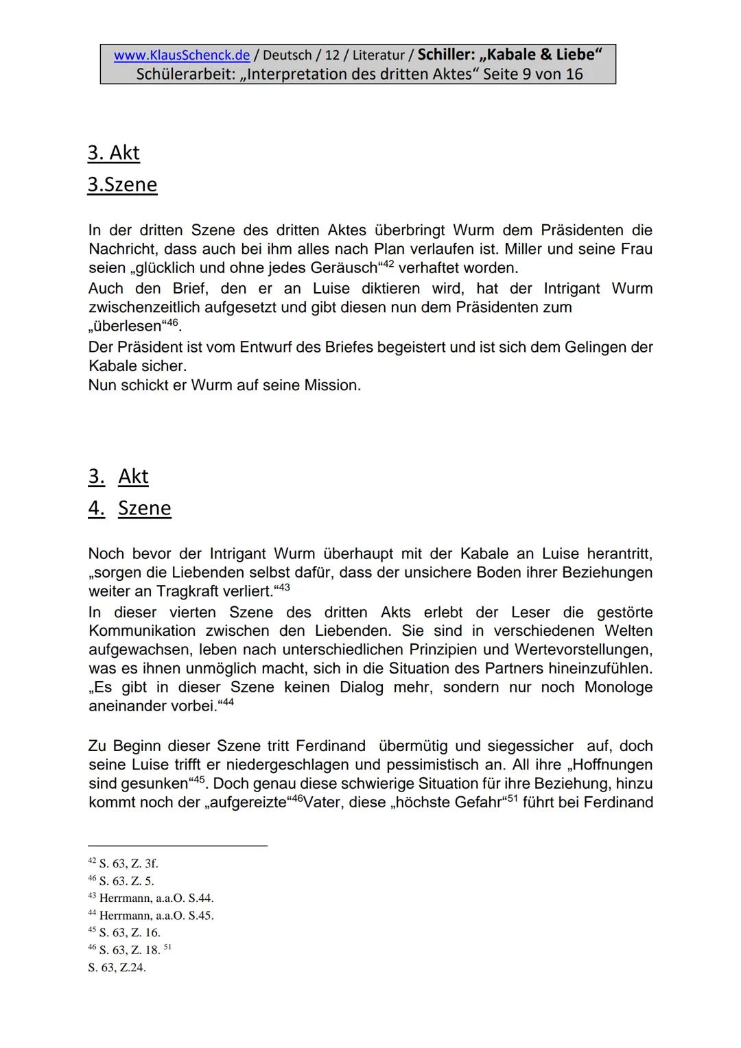 www.KlausSchenck.de / Deutsch / 12 / Literatur / Schiller: ,,Kabale & Liebe"
Schülerarbeit: ,,Interpretation des dritten Aktes" Seite 3 von 
