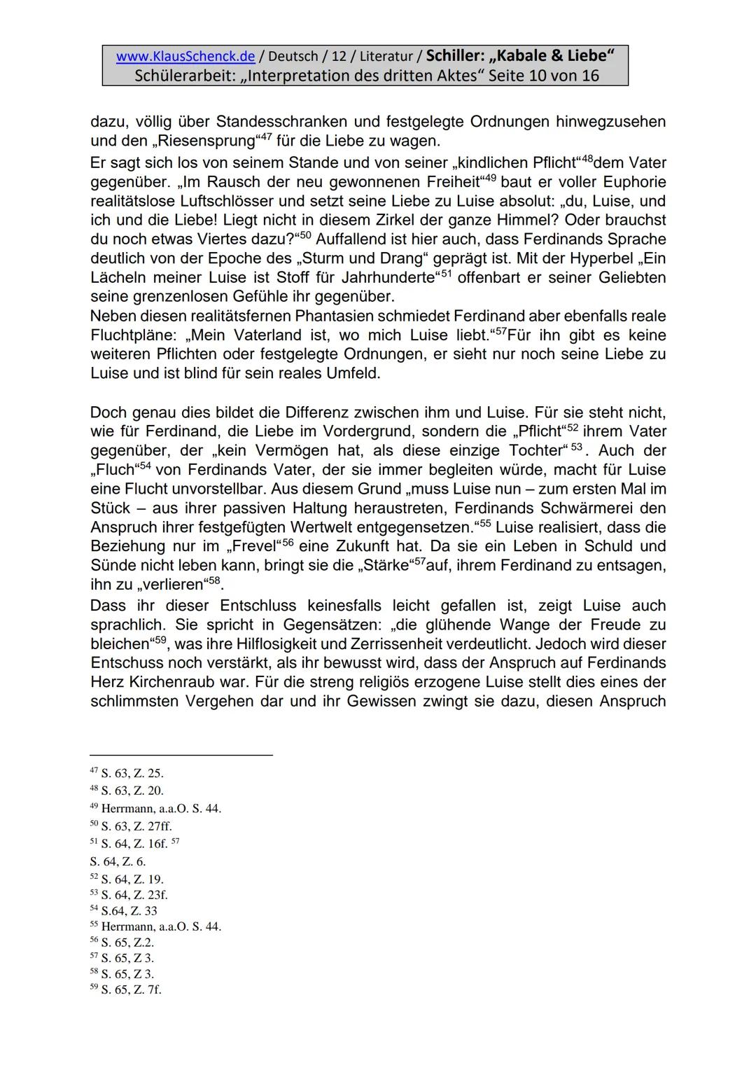 www.KlausSchenck.de / Deutsch / 12 / Literatur / Schiller: ,,Kabale & Liebe"
Schülerarbeit: ,,Interpretation des dritten Aktes" Seite 3 von 