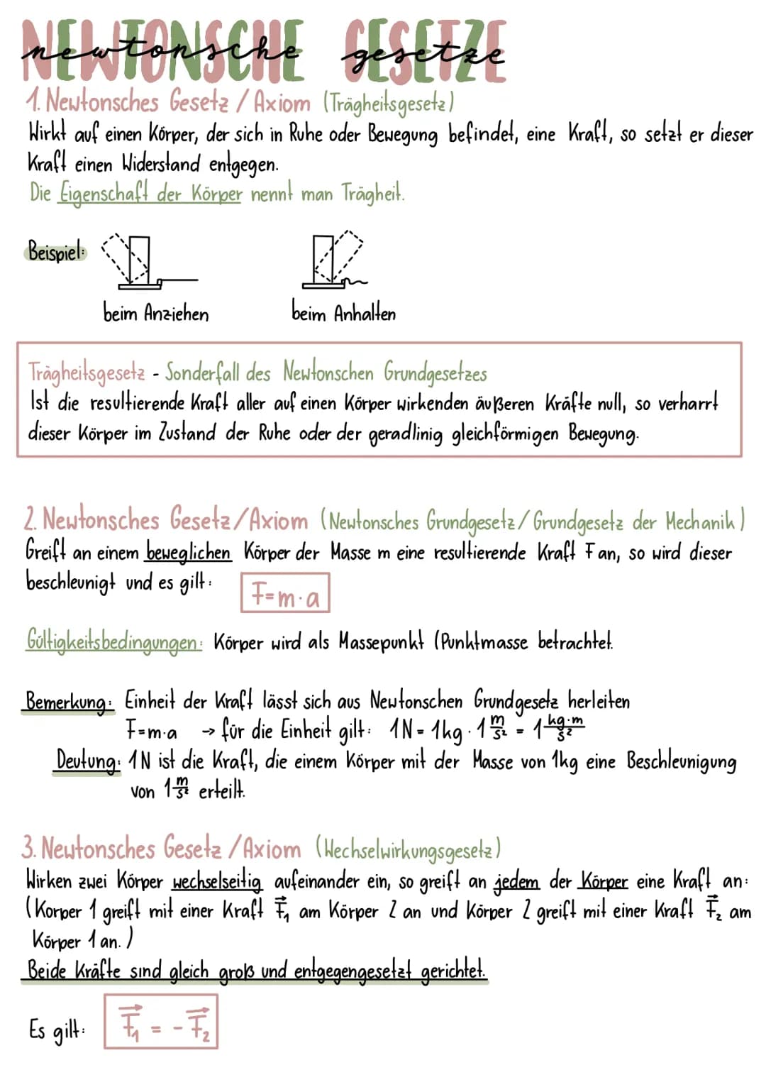 newtonsche gesette
1. Newtonsches Gesetz / Axiom (Trägheitsgesetz)
Wirkt auf einen Körper, der sich in Ruhe oder Bewegung befindet, eine Kra