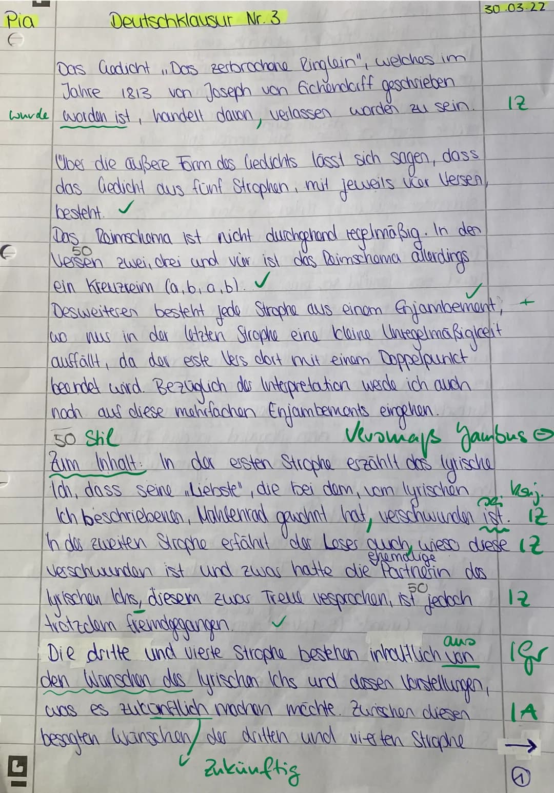 Pia
Deutschklausur Nr. 3
Das Gudicht. Das zerbrochane Ringlein", welches im
Jahre 1813
von Joseph von fichendorff geschrieben
wurde worden i