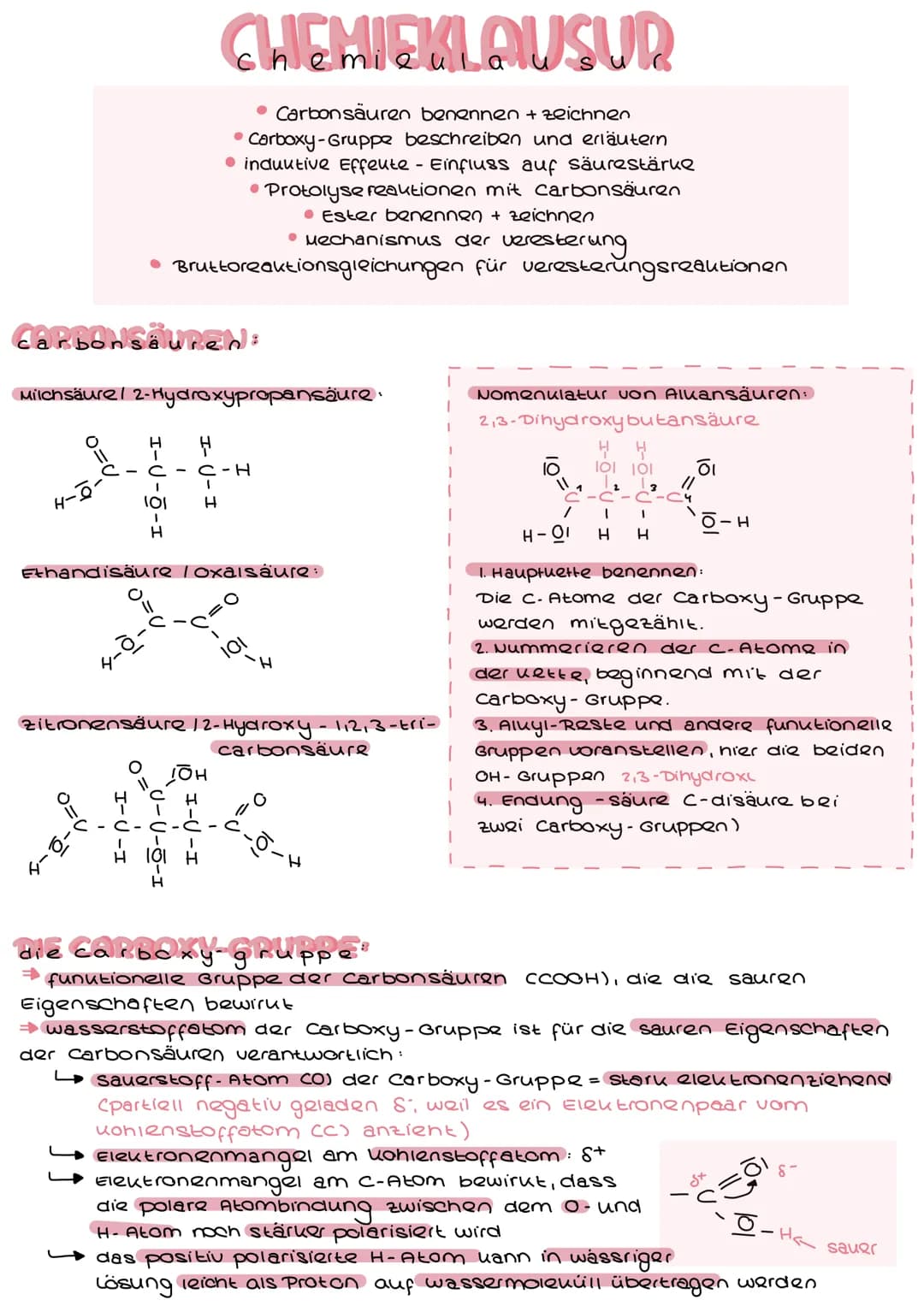 arbonså
O=(
CHEMIEKLAUSUR
Carbonsäuren benennen + zeichnen
Carboxy-Gruppe beschreiben und erläutern
• induktive Effekte - Einfluss auf säure