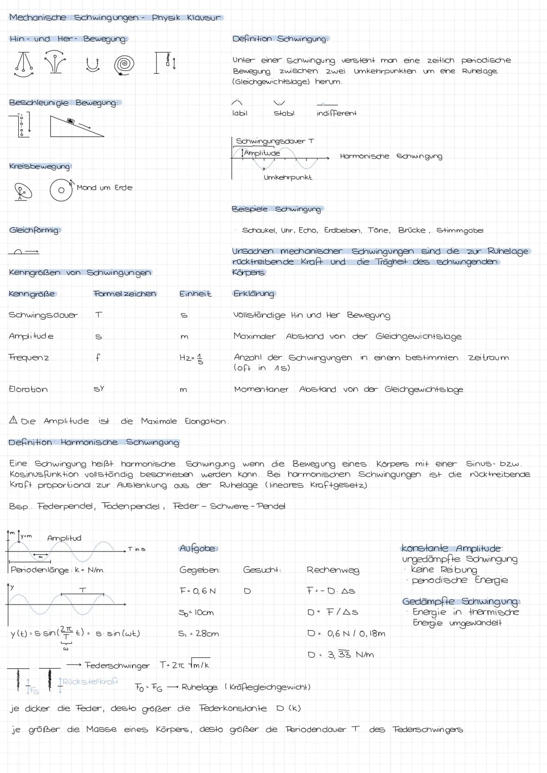 Mechanische Schwingungen
Hookesche Gesetz Kroft proportional zur Langenveränderung S
Welches Gesetz muss eine harmonische Schwingung erfülle