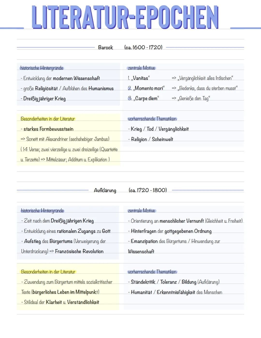 LITERATUR-EPOCHEN
Barock
historische Hintergründe
-Entwicklung der modernen Wissenschaft
- große Religiösität / Aufblühen des Humanismus
-Dr