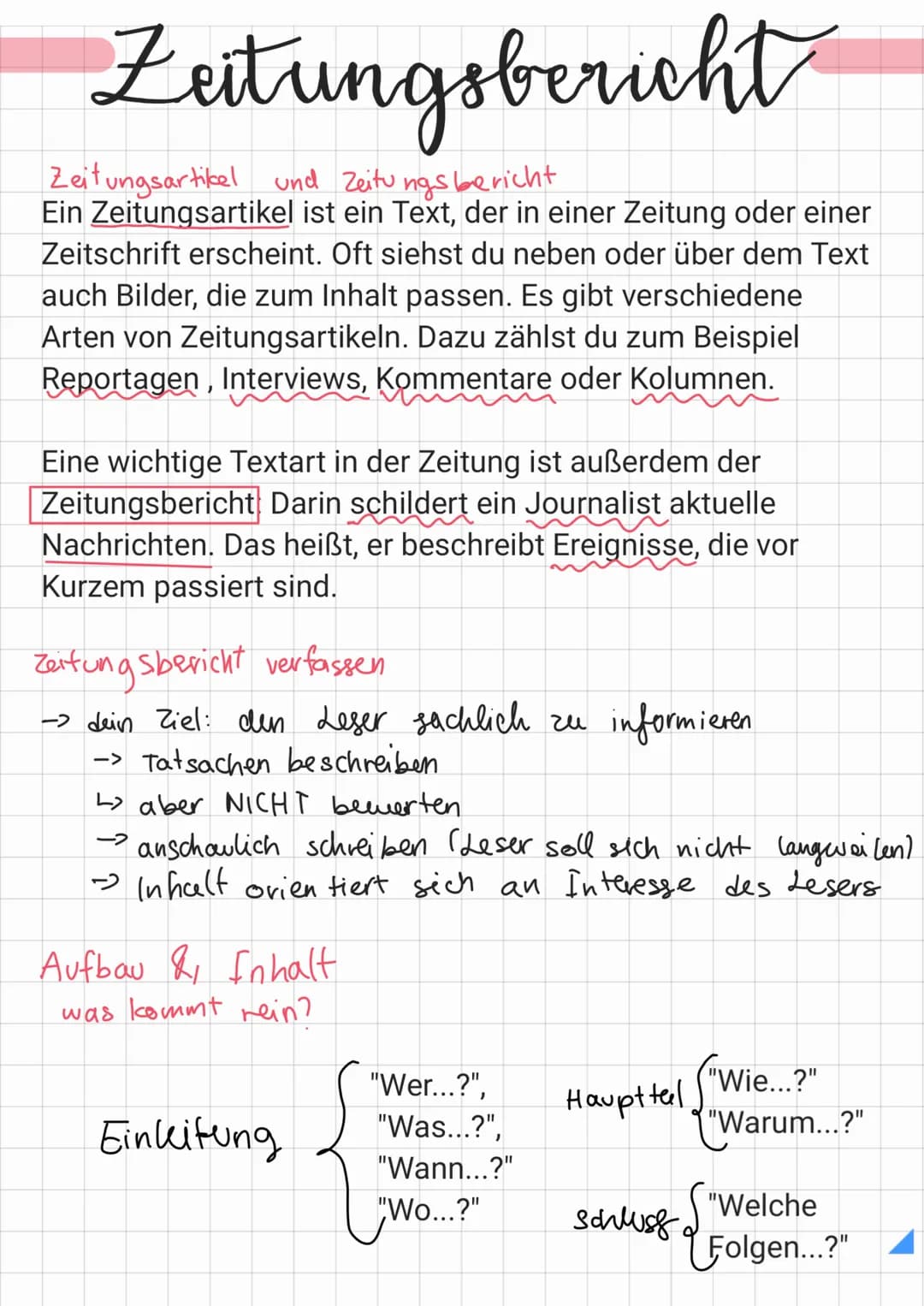 Zeitungsbericht
Zeitungsartikel und Zeitungsbericht
Ein Zeitungsartikel ist ein Text, der in einer Zeitung oder einer
Zeitschrift erscheint.