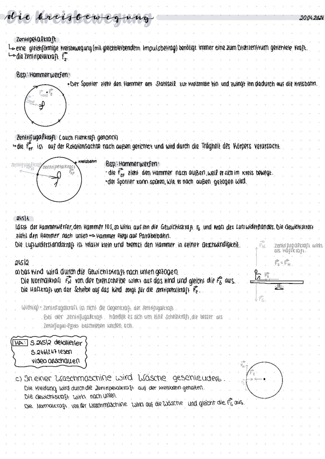 Kreisbewegung Physik Aufschrieb