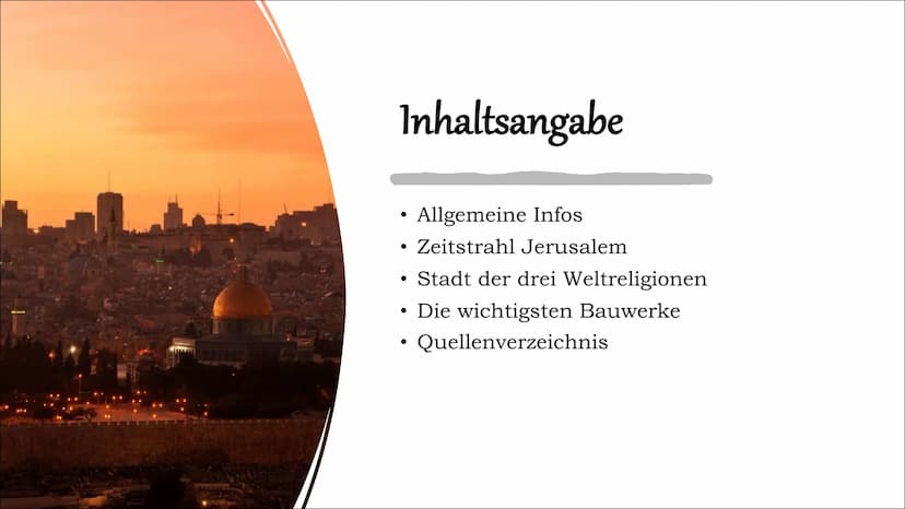 Bedeutung
Jerusalems
Eine PowerPoint Präsentation Inhaltsangabe
●
●
●
●
Allgemeine Infos
Zeitstrahl Jerusalem
Stadt der drei Weltreligionen
