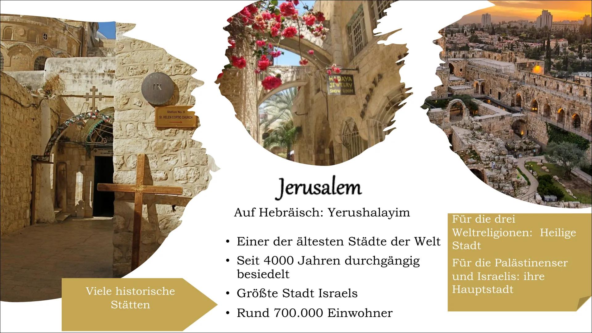 Bedeutung
Jerusalems
Eine PowerPoint Präsentation Inhaltsangabe
●
●
●
●
Allgemeine Infos
Zeitstrahl Jerusalem
Stadt der drei Weltreligionen
