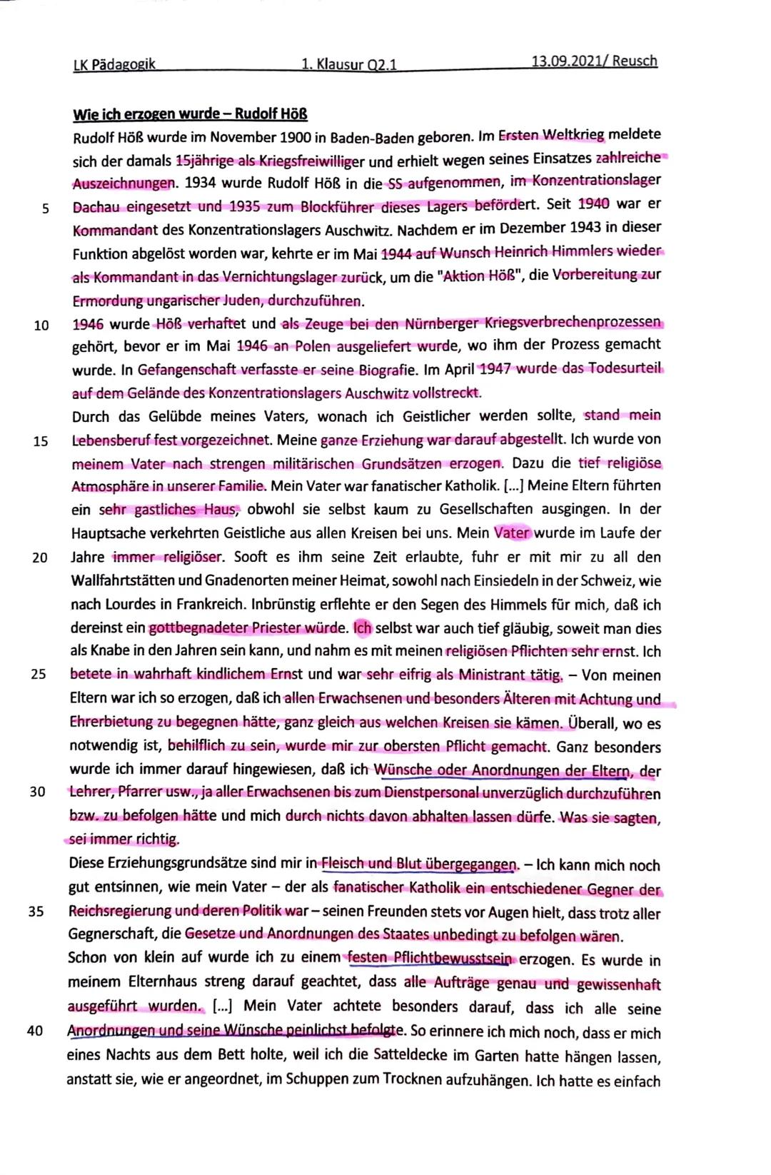 LK Pädagogik
Name: Anastasia Juchem
Aufgabenstellung
1. Klausur 02.1
Thema:
„Hart wie Stahl!"- Erziehung in verschiedenen historischen und g