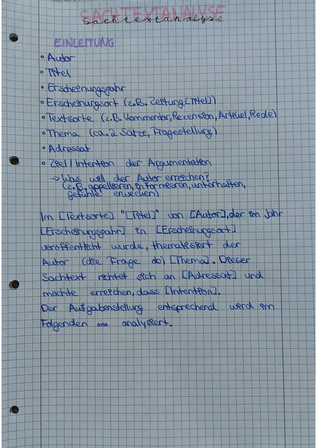 # Sachtextanalyse

EINLEITUNG

*   Autor
*   Titel
*   Erscheinungssahr
*   Erscheinungsort (z. B. Zeitung [THel])
*   Textsorte (z. B. Komm