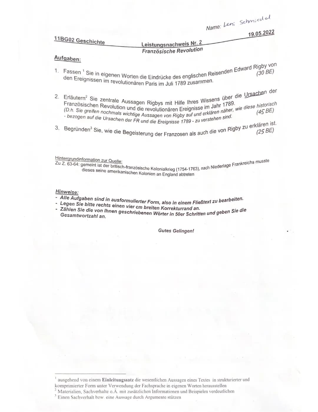 11BG02 Geschichte
Aufgaben:
Leistungsnachweis Nr. 2
Französische Revolution
Name: Leni Schmiedel
1. Fassen Sie in eigenen Worten die Eindrüc