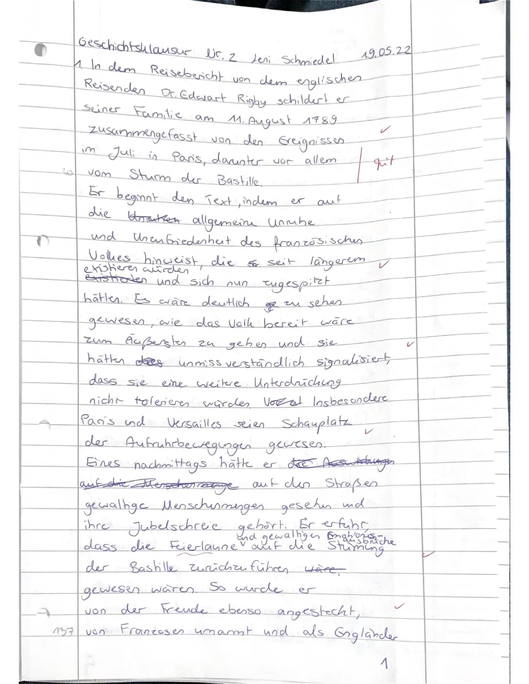 11BG02 Geschichte
Aufgaben:
Leistungsnachweis Nr. 2
Französische Revolution
Name: Leni Schmiedel
1. Fassen Sie in eigenen Worten die Eindrüc