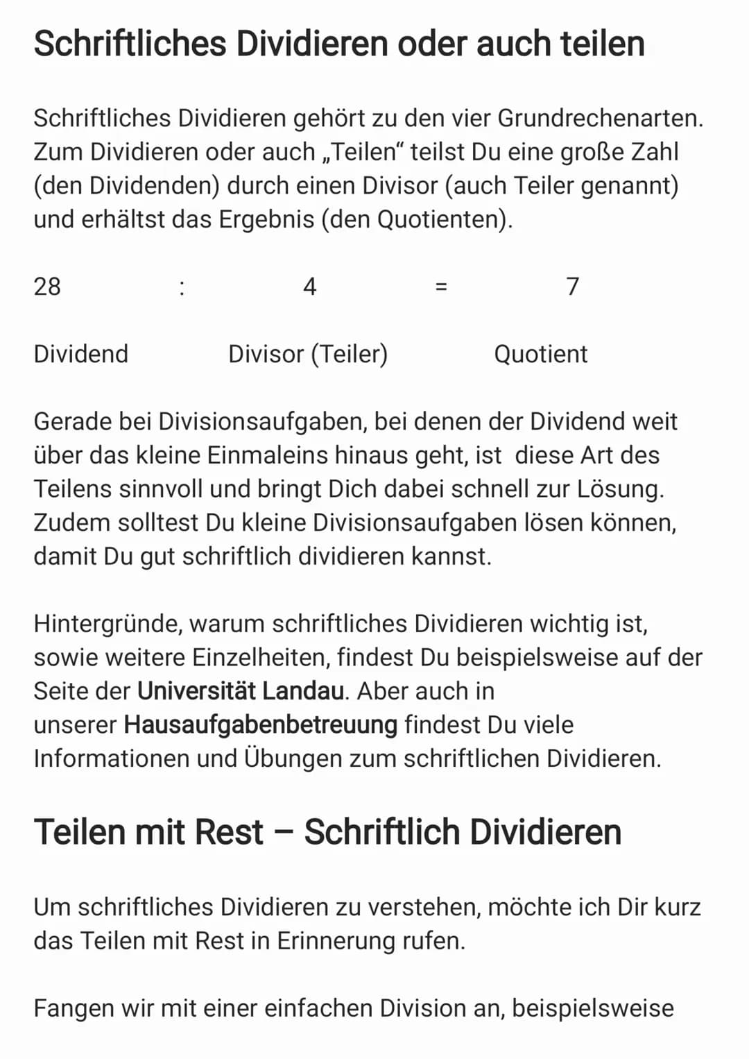 Schriftliches Dividieren oder auch teilen
Schriftliches Dividieren gehört zu den vier Grundrechenarten.
Zum Dividieren oder auch „Teilen" te