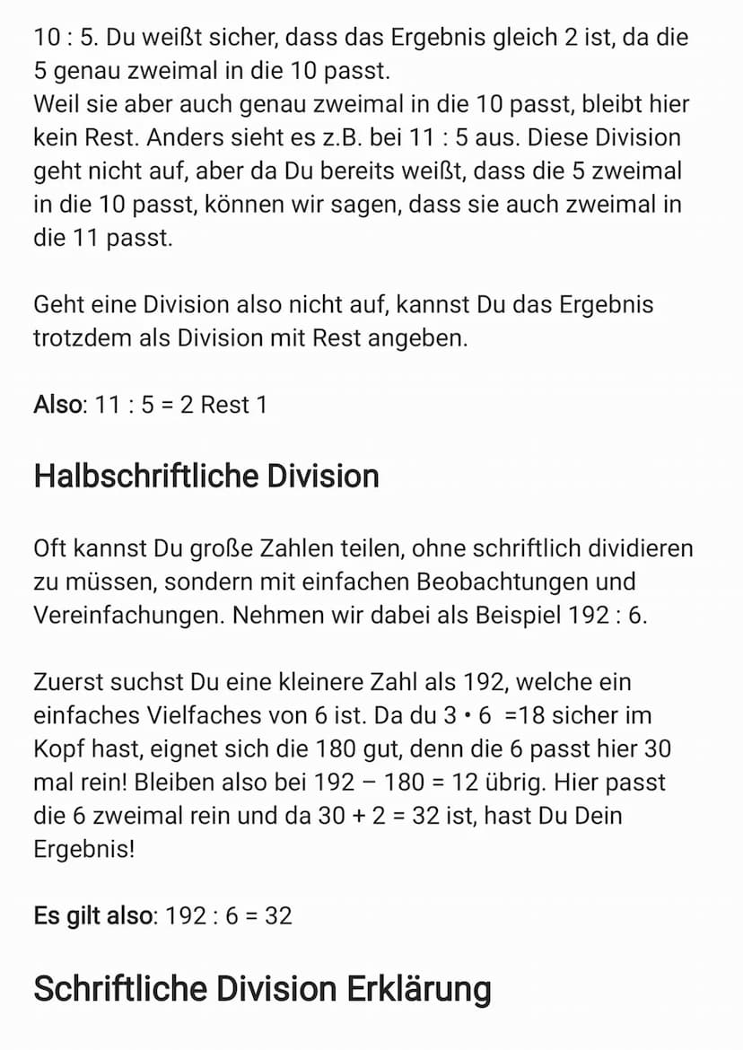 Schriftliches Dividieren oder auch teilen
Schriftliches Dividieren gehört zu den vier Grundrechenarten.
Zum Dividieren oder auch „Teilen" te