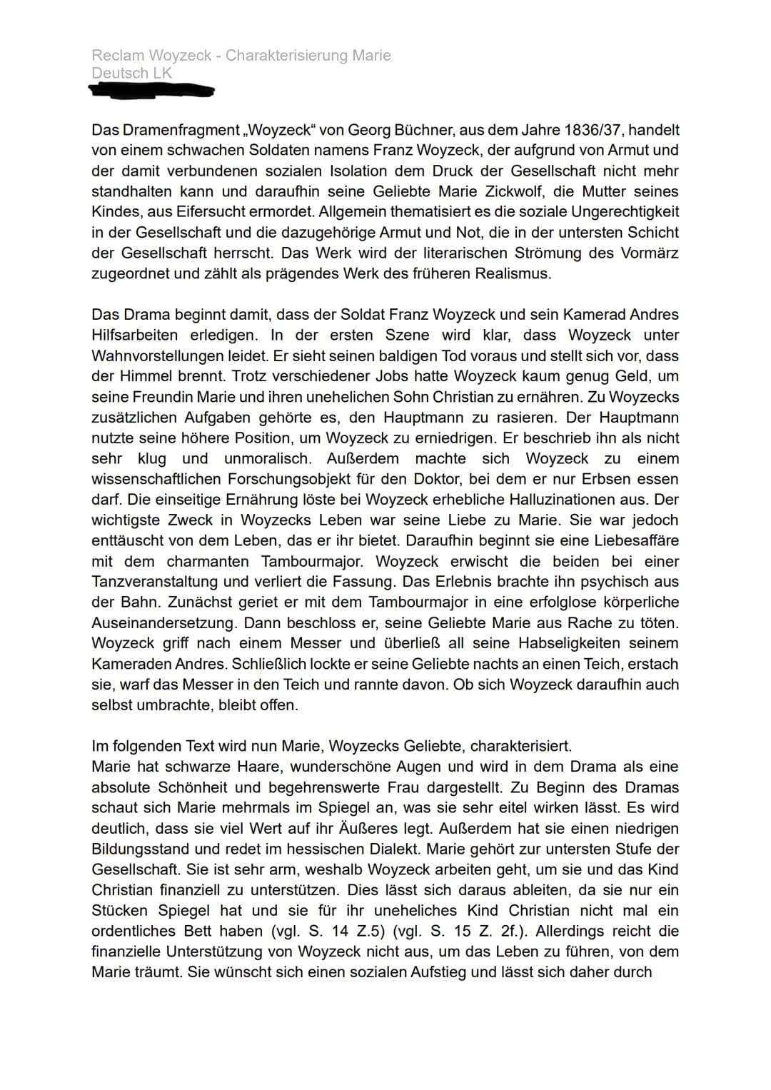Reclam Woyzeck - Charakterisierung Marie
Deutsch LK
Das Dramenfragment ,,Woyzeck" von Georg Büchner, aus dem Jahre 1836/37, handelt
von eine