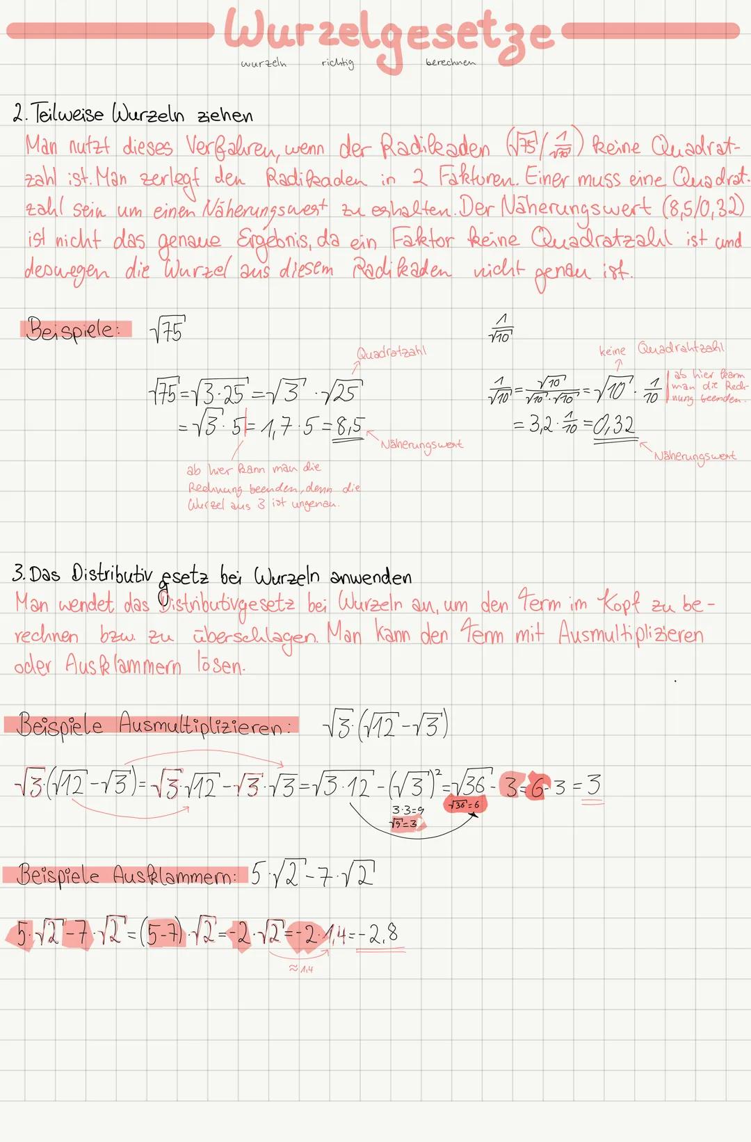 Wurzelgesetze
Wie berechne ich Wurzeln?
3² = 9
Beispiel: Die Wurzel aus 9 ist 3. Denn 3.3=9 √9²=3
Die Wurzel aus 49 ist 7. Denn 7.7=49 √49=7