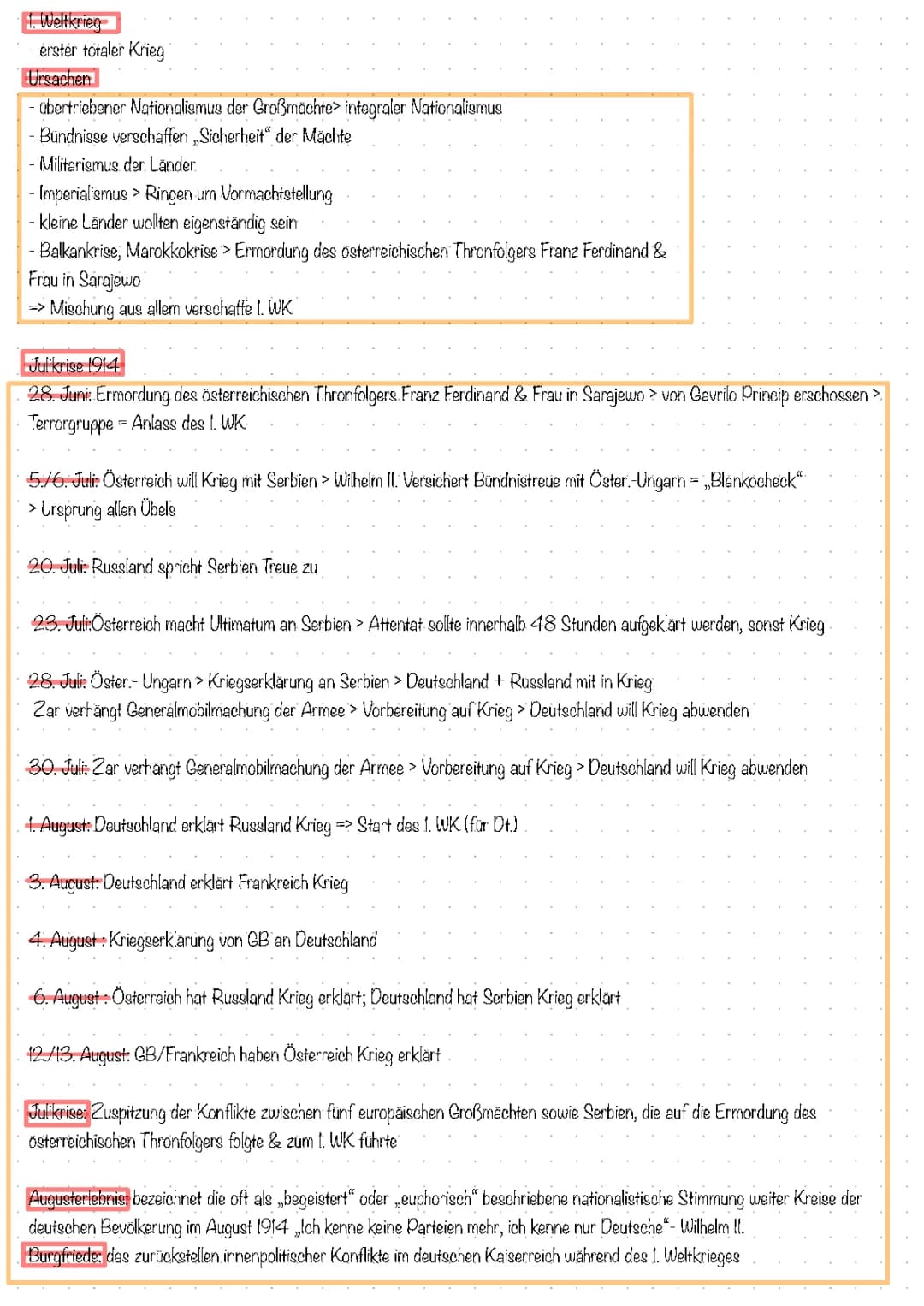 Lernzettel zum 1. Weltkrieg