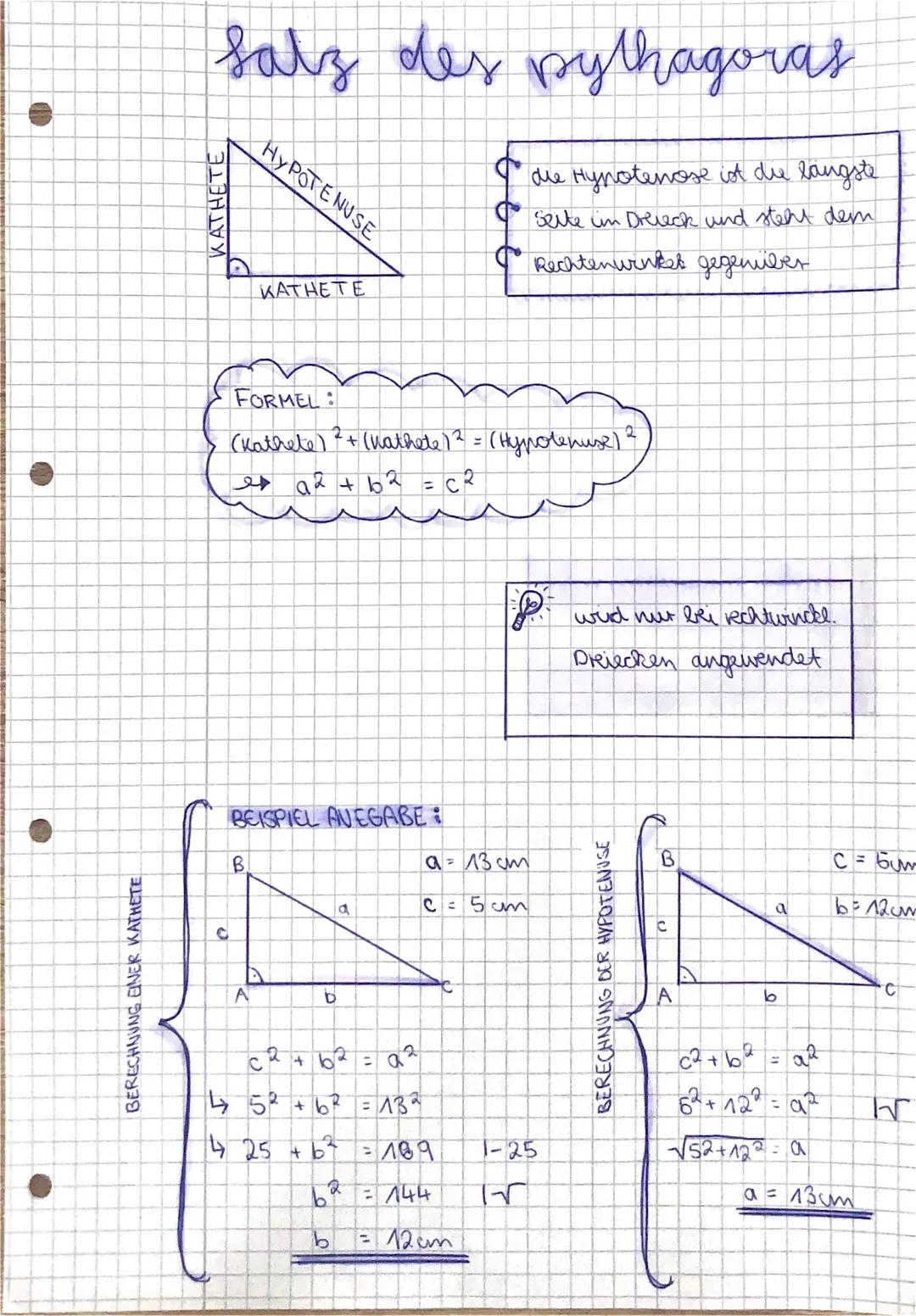 # Salz des pythagoras

BERECHNUNG EINER KATHETE

KATHETE

HYPOTENUSE

KATHETE

*   die Hynotenose ist die längste
*   serte im Dreieck und s