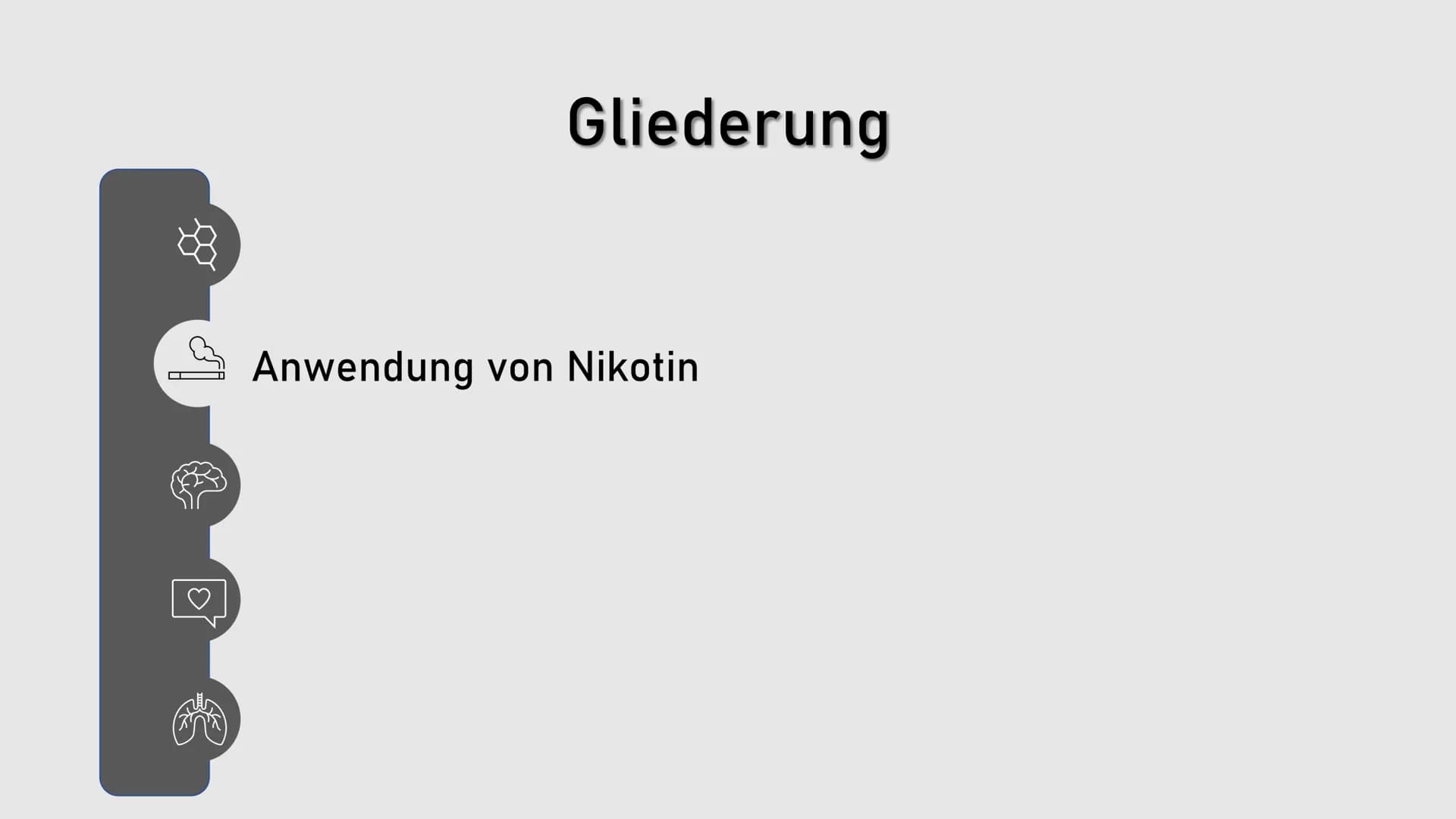 Nikotin
Ein legales Nervengift Ø
|0²
Gliederung
Was ist Nikotin eigentlich? |0²
Gliederung
Anwendung von Nikotin |0²
Gliederung
Was passiert
