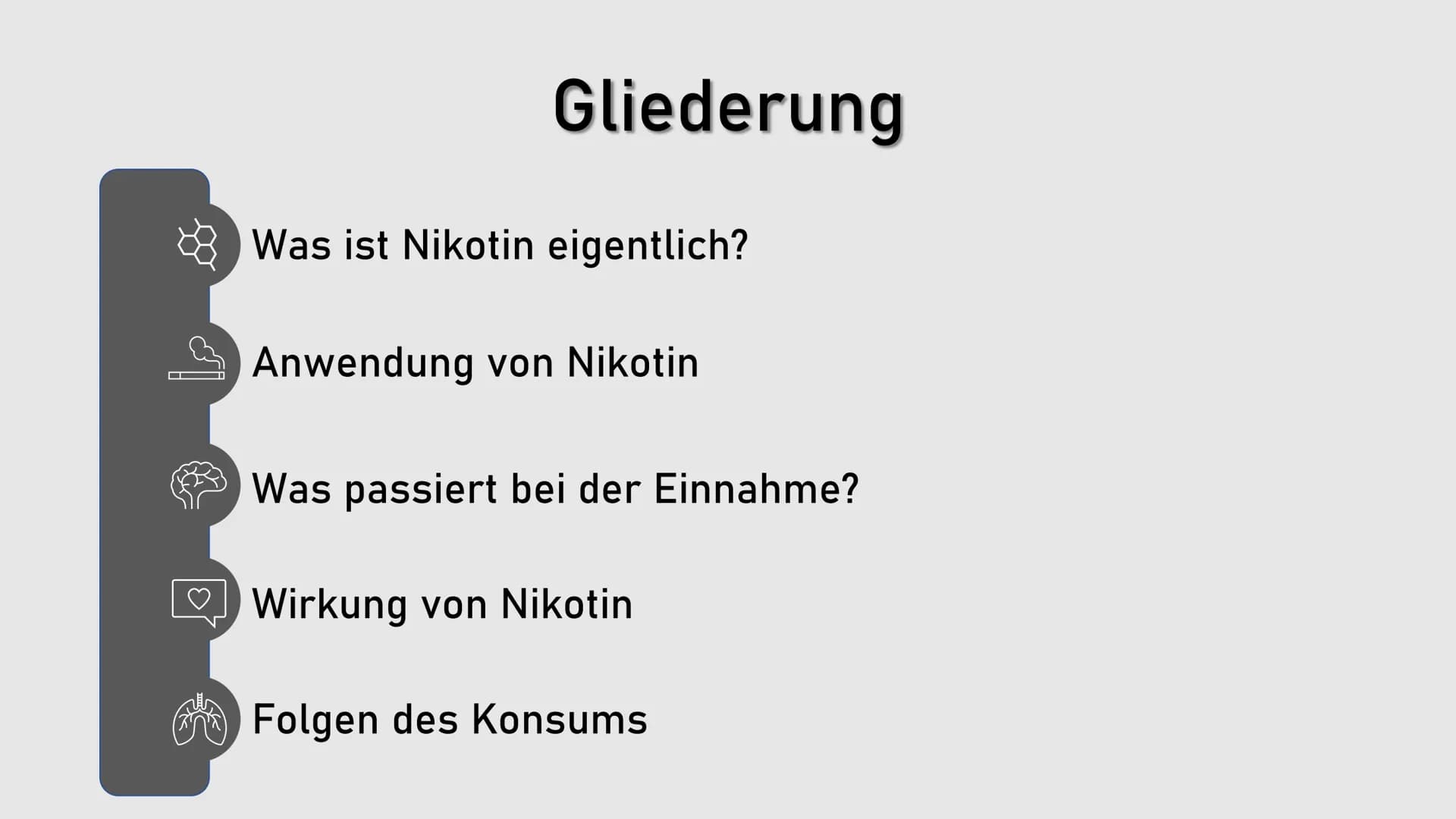 Nikotin
Ein legales Nervengift Ø
|0²
Gliederung
Was ist Nikotin eigentlich? |0²
Gliederung
Anwendung von Nikotin |0²
Gliederung
Was passiert