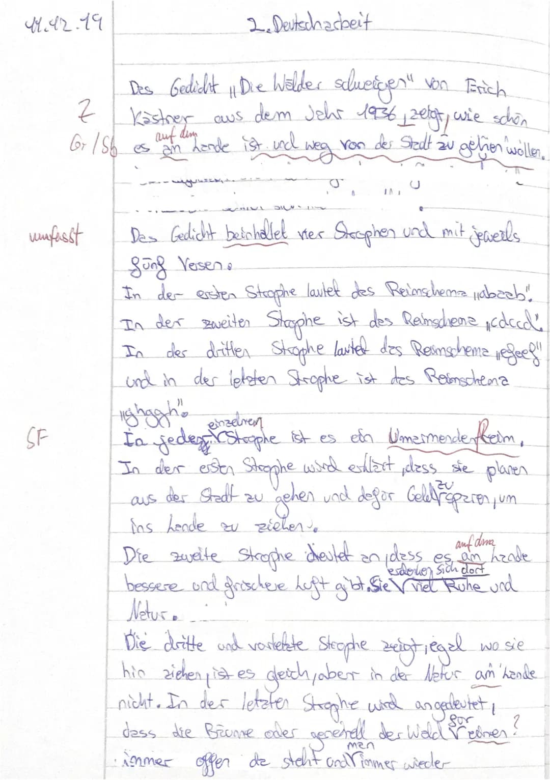 Deutsch 8a
du
Analysiere das Gedicht "Die Wälder schweigen" von Erich Kästner aus dem Jahr 1936, indem
●
einen Einleitungssatz mit den volls